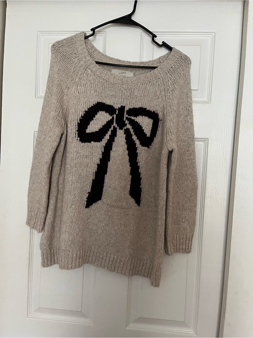LOFT Cream Sweater with Black Bow Intarsia